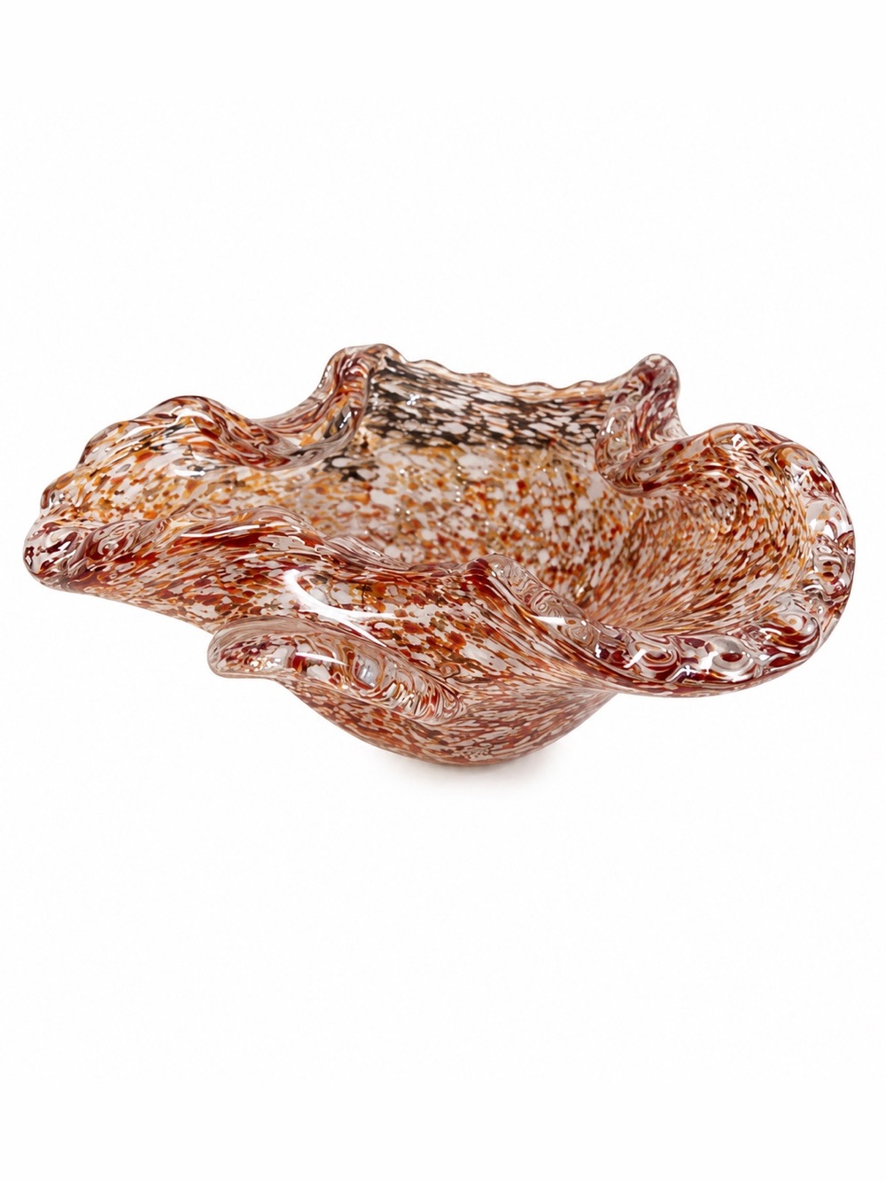 Vintage Murano Art Glass Ruffled Bowl Orange White & Brown Confetti Glass